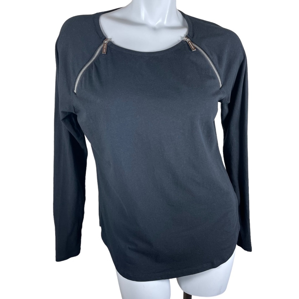 Michael Kors Black Scoop Neck Long Sleeve Cotton Blend Shirt w/ Zipper Accent LG